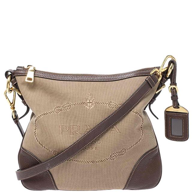 Prada KhakiBrown Jacquard Logo Brown Canvas and Leather Messenger Bag