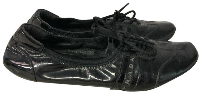 Prada Lace Up Black Patent Leather Flats