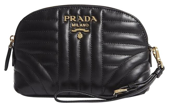 Prada Logo Quilted Pouch Black Leather Wristlet