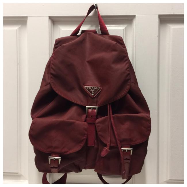 Prada Logo Tessuto Drawstring Italy Burgundy Nylon Backpack