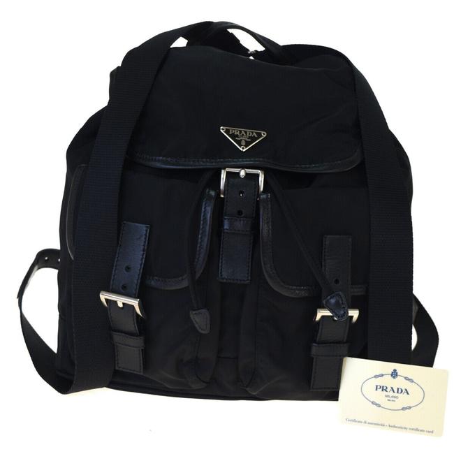 Prada Logos Leather In Italy Black Nylon Backpack