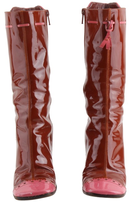 Prada Multicolor BrownPink Patent Leather BootsBooties