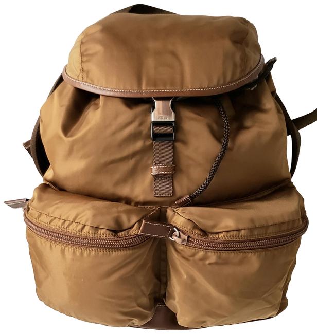 Prada Nylon Large Khaki Brown Saffiano Leather Backpack