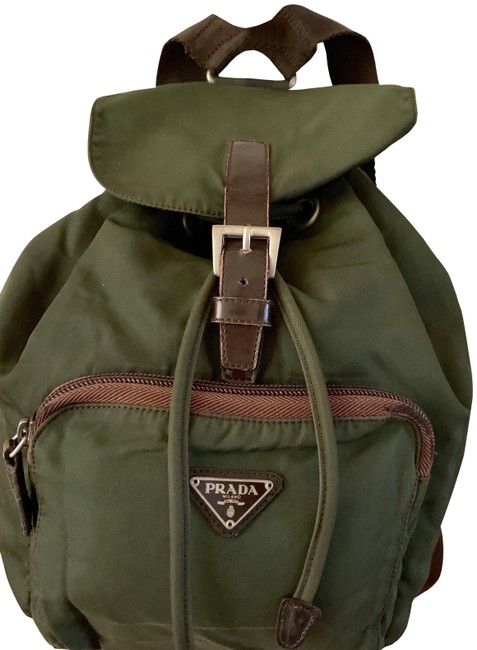 Prada Nylon unisex Green Brown Leather Trim Backpack