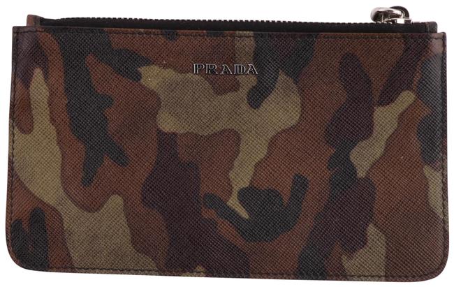 Prada Saffiano Camouflage Pouch Key Chain Green Leather Wristlet