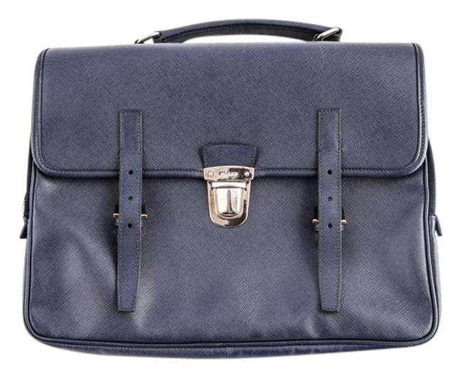 Prada Saffiano Cartella Briefcase Blue Leather Laptop Bag