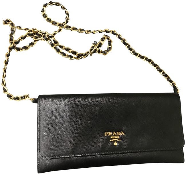 Prada Saffiano Chain Wallet Black Leather Wristlet