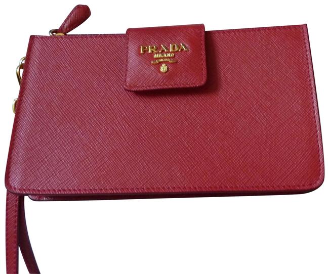 Prada Saffiano Iphone 1zh032 Red Leather Wristlet