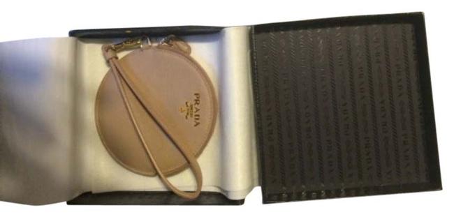 Prada Saffiano Round Coin Purse BeigeCream Leather Wristlet