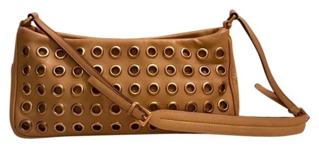Prada Shoulder Bag Grommet Gold Hardware Beige Leather Baguette