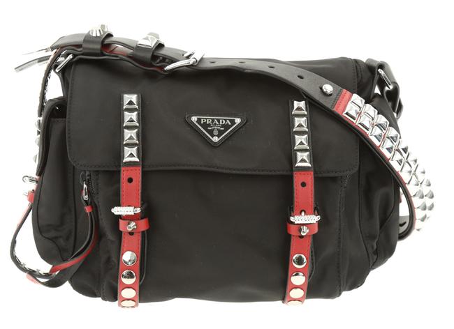 Prada Studded Black Coated Canvas Messenger Bag
