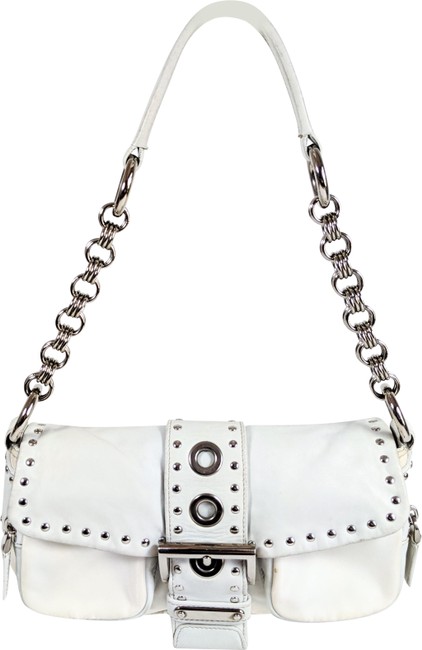 Prada Studded Nylon White Leather Baguette