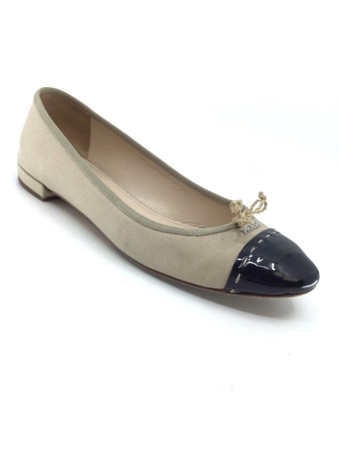 Prada Tan Black Cotton Canvas Patent Flats