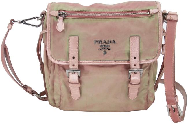 Prada Tessuto Leather Medium Metallic Pink and Green Nylon Messenger Bag