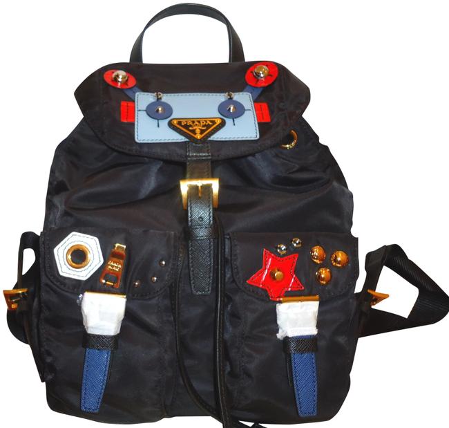 Prada Tessuto Robot Motif Black NylonLeather Backpack