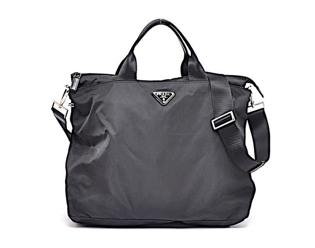 Prada Tote Vela Zip + Web Strap Silver Hdwr Black Nylon Laptop Bag