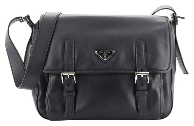 Prada Two Pocket Medium Blue Leather Messenger Bag