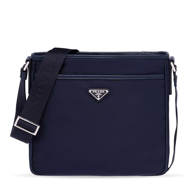 Prada Unisex Logo Plaque Nylon Leather Navy Blue Messenger Bag