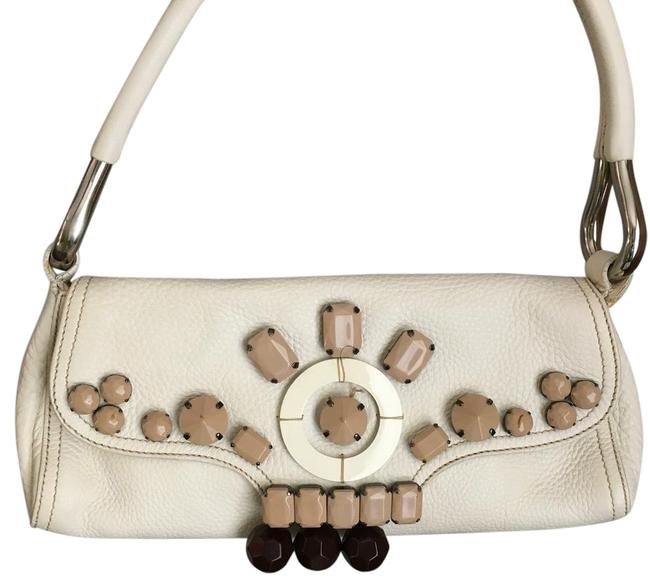 Prada Stone Embellished Purse White Leather Baguette