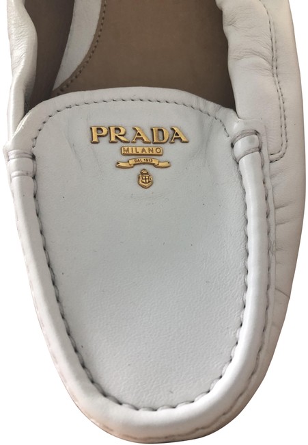Prada White Leather Drivers with Gold Metal Logo Flats