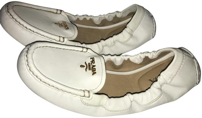 Prada White Scrunch Driving Logo Loafer Flats
