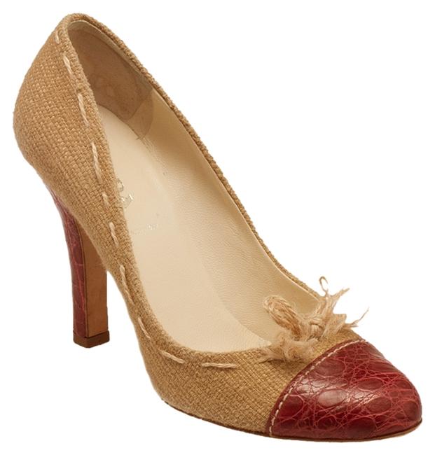 Prada BeigeRed Raffia Leather 37 18934 Pumps