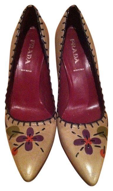 Prada Beige Tan Heels Floral Floral Heels Floral Stitched Pumps