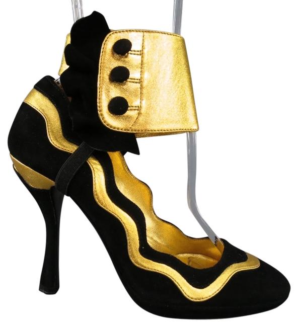 Prada BlackGold Suede Ankle Cuff Metalic Pumps