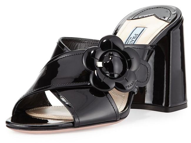 Prada Black Crisscross Flower Sandal MulesSlides