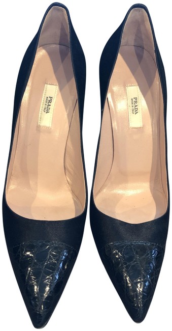 Prada Black Crocodile Accented Satin Pumps