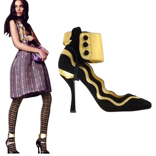 Prada BlackGold Suede Round toe Fairy Pumps
