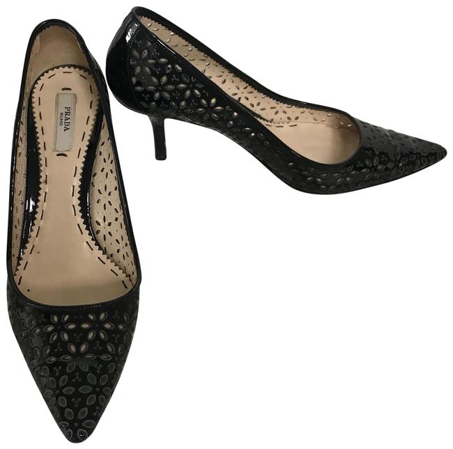 Prada Black Laser Cut Patent Leather Pumps