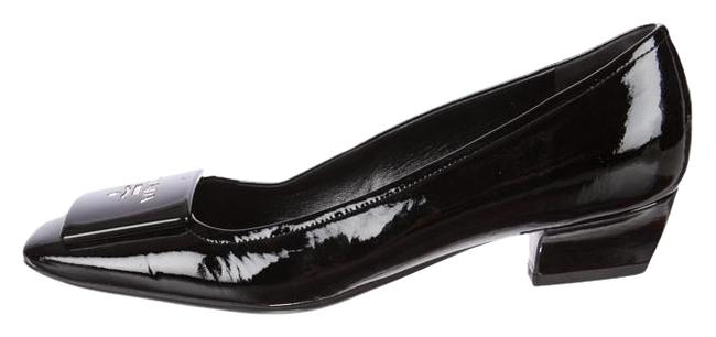 Prada Black Leather Patent Logo Low 38 Pumps