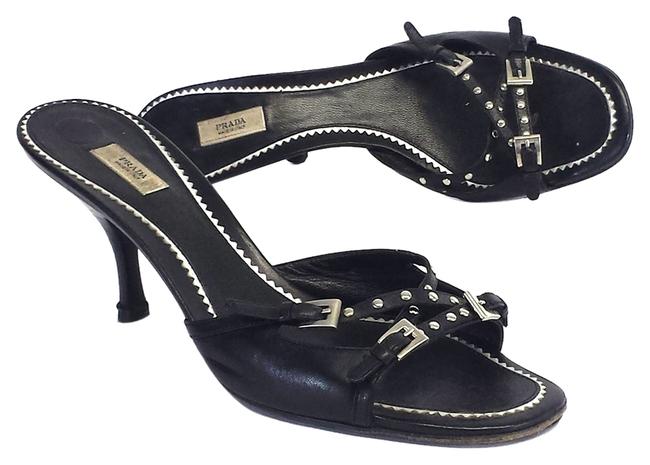 Prada Black Leather Studded Slide Heels Pumps