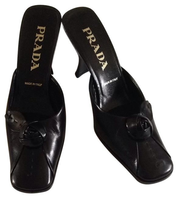 Prada Black Nero Capretto Rose MulesSlides