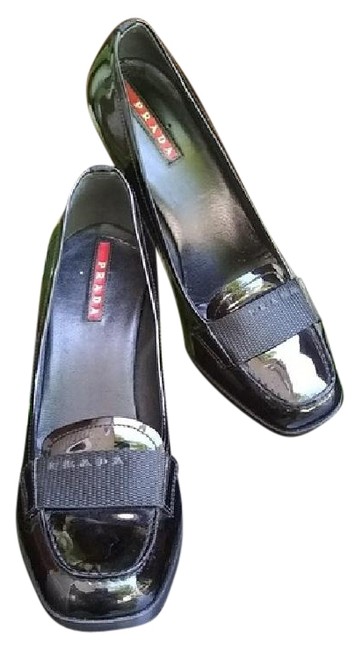 Prada Black Patent Heeled Loafer Pumps