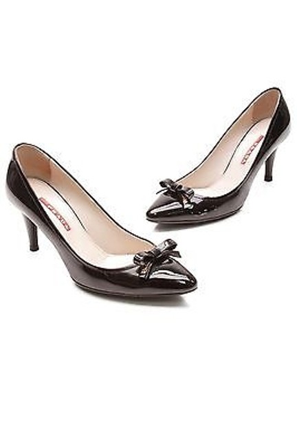 Prada Black Patent Leather Bow Mid Heel Pumps
