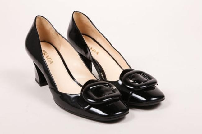 Prada Black Patent Leather Buckle Square Toe Chunky Mid Heels