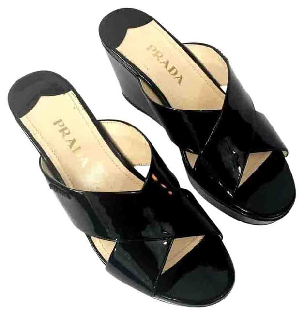 Prada Black Patent Leather Criss cross MulesSlides