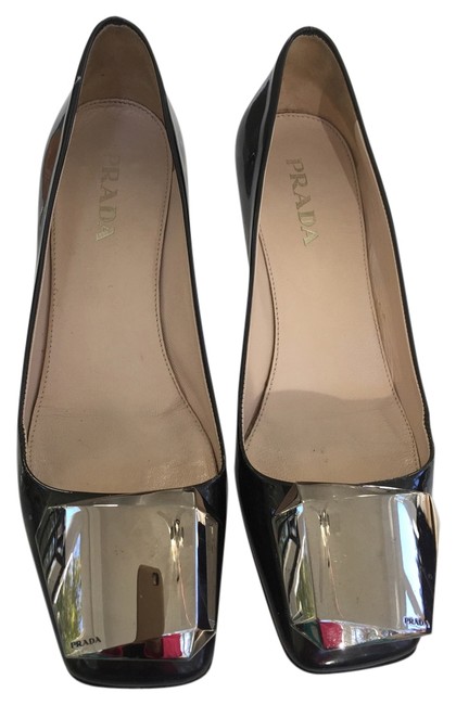Prada Black Patent Leather Retro Low Heels Pumps
