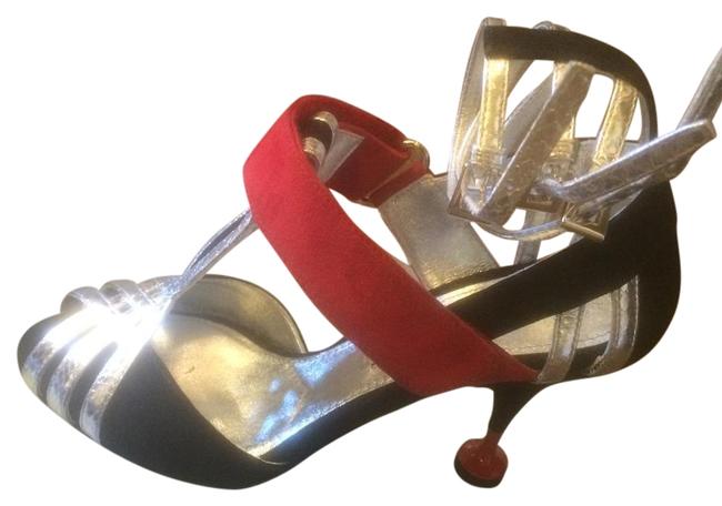 Prada Black Red Silver Mixed Media Sandal Pumps