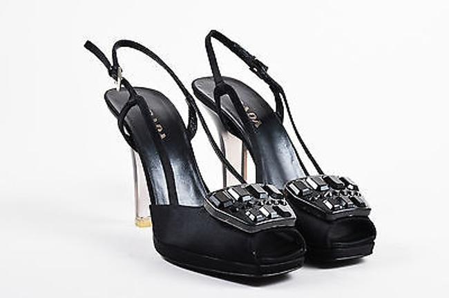 Prada Black Satin Embellished Peep Toe Clear Heel Slingbacks