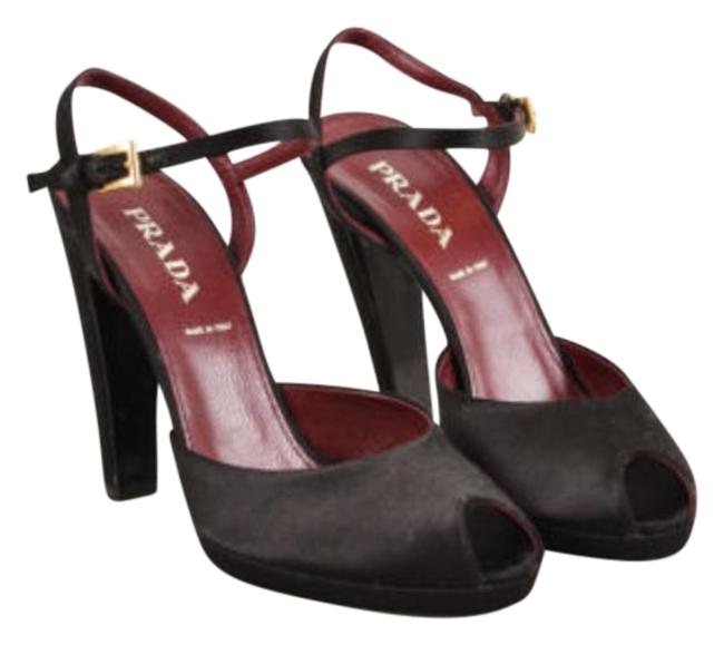 Prada Black Satin Peep Toe Buckled Ankle Strap Pumps