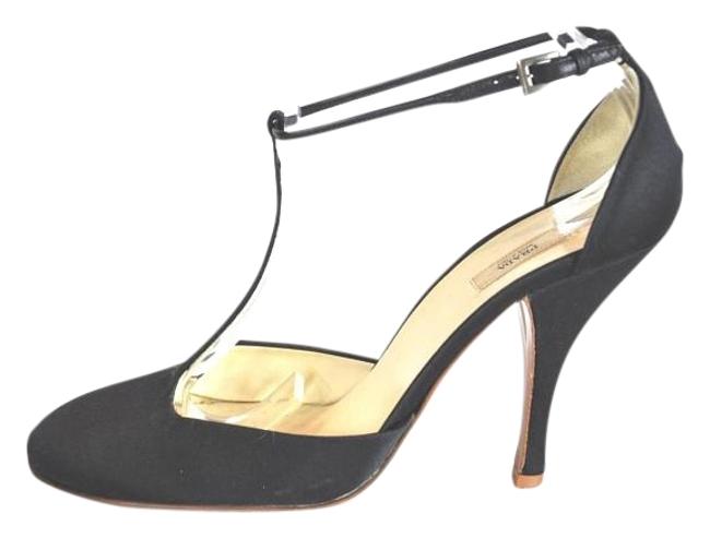Prada Black Satin Round Toe T Strap Pumps