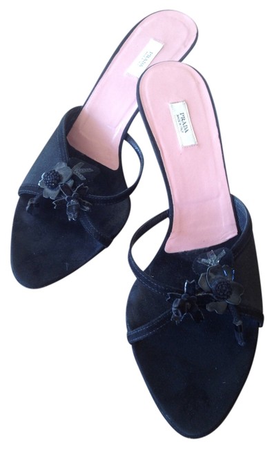 Prada Black Silk Kitten heel Mules Slides Pumps