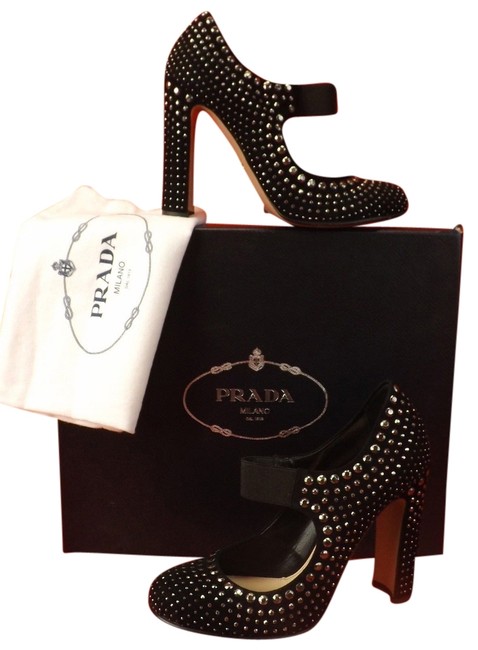 Prada Black Suede Studded Mary Jane Classic 35 Pumps