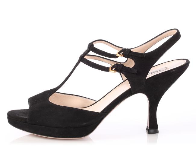 Prada Black Suede T Strap Pumps