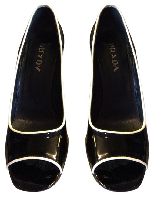 Prada Black The White Trim Peep Toe Patent Heels Pumps