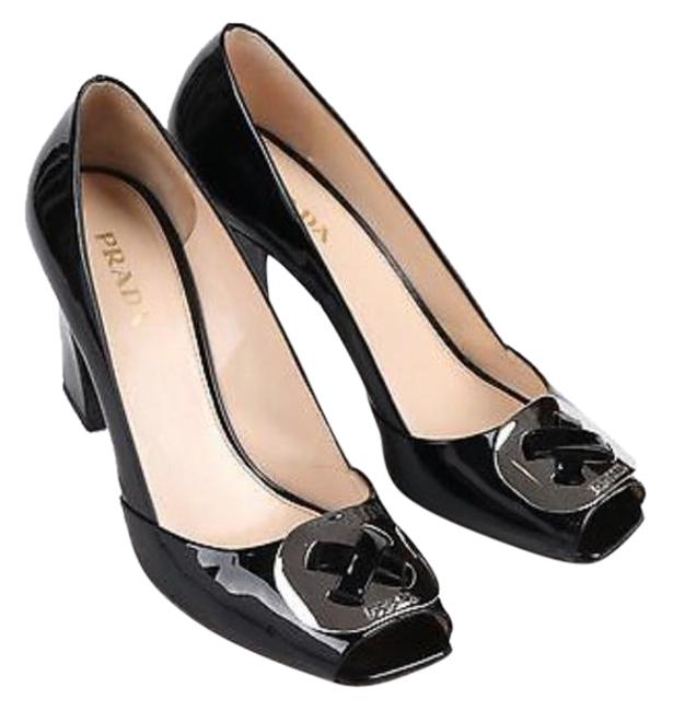 Prada Black Vernice Buckle Peep Toe Pumps