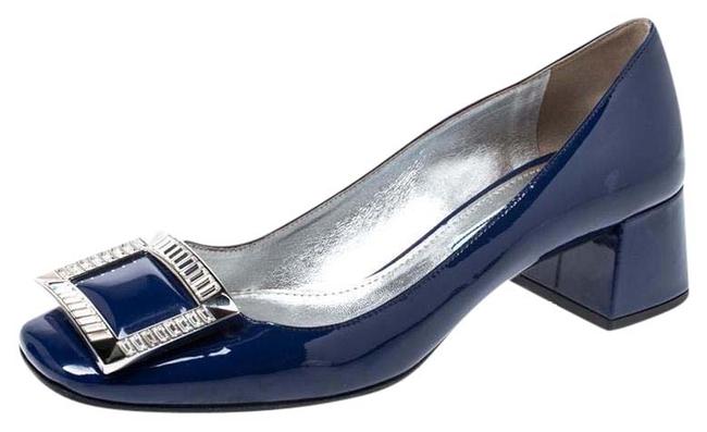 Prada Blue Patent Leather Crystal Buckle Block Pumps